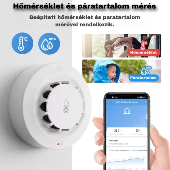 Okos Füstérzékelő, Hőmérséklet és Páratartalom érzékelővel, WiFi