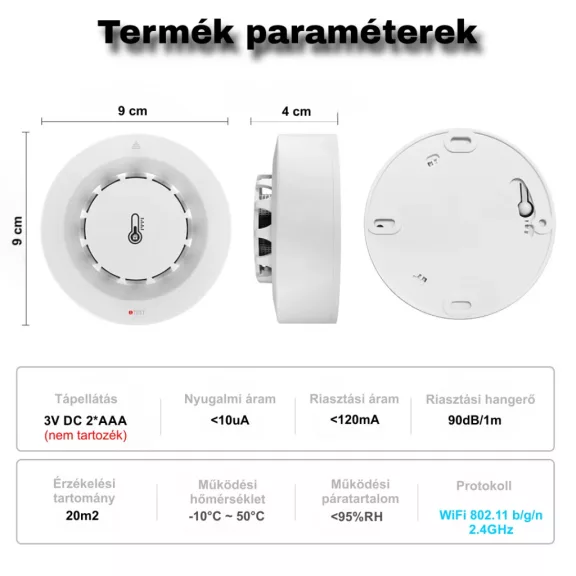 Okos Füstérzékelő, Hőmérséklet és Páratartalom érzékelővel, WiFi