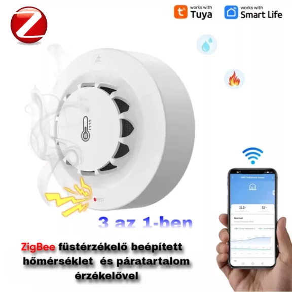 Okos Füstérzékelő, Hőmérséklet és Páratartalom érzékelővel, ZigBee