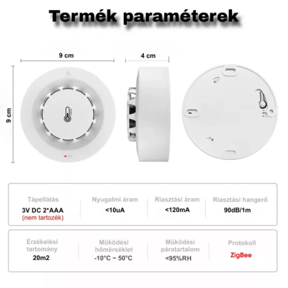 Okos Füstérzékelő, Hőmérséklet és Páratartalom érzékelővel, ZigBee