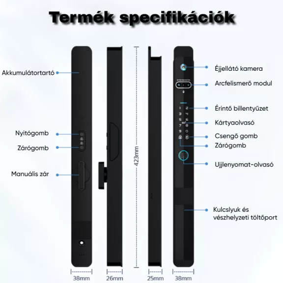 A7 FEKETE okos kilincs, 3D arcfelismerés