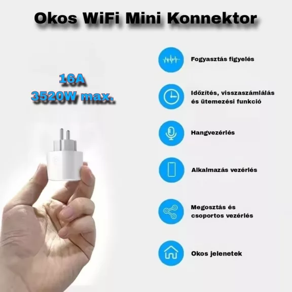 Mini Okos Konnektor, WiFi, Fogyasztásmérővel