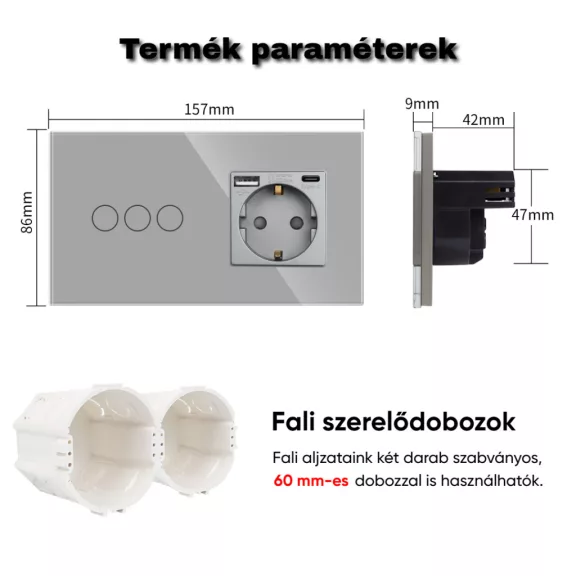 Kettes üvegkeret, tripla kapcsoló + 1 keret, szürke