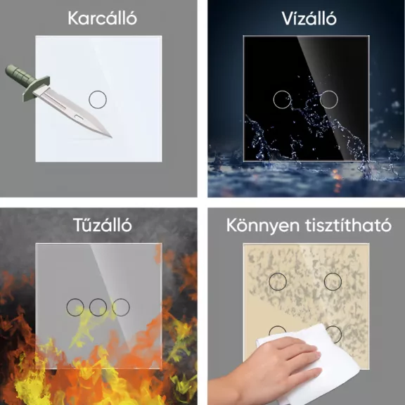 Kettes üvegkeret, tripla kapcsoló + 1 keret, fehér
