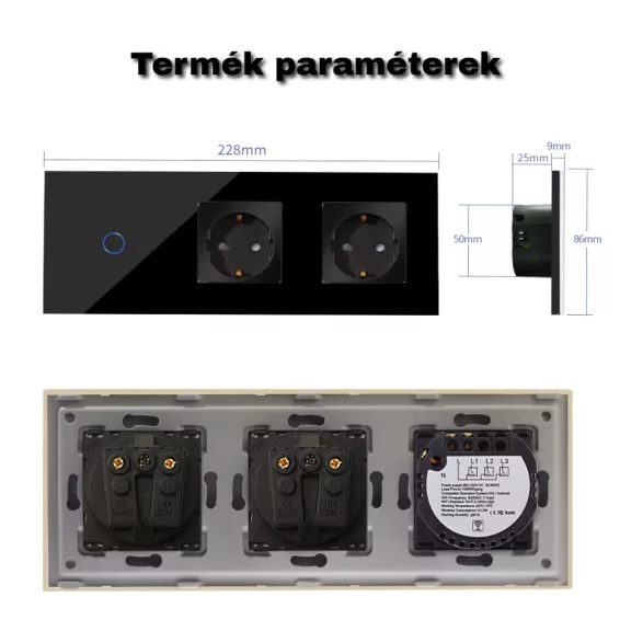 Hármas üvegkeret, szimpla kapcsoló + 2 keret, szürke