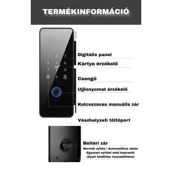 Okos üvegajtó zár, WiFi, Tuya
