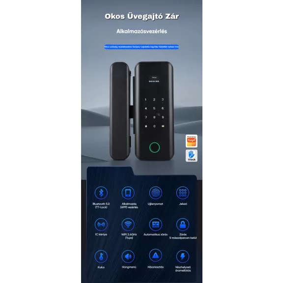 Okos üvegajtó zár, WiFi, Tuya