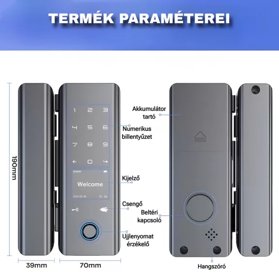 Okos üvegajtó zár, WiFi, LCD kijelzővel