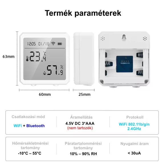 Hőmérséklet és páratartalom érzékelő, WiFi, LCD