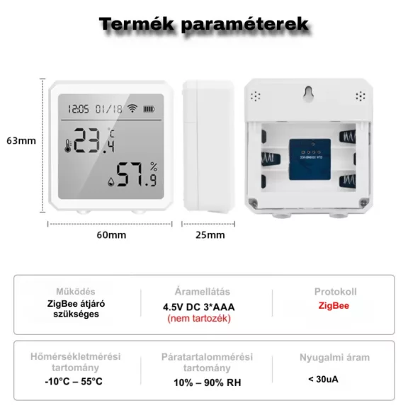 Hőmérséklet és páratartalom érzékelő, ZigBee, LCD