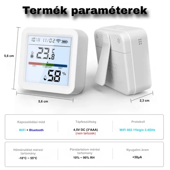 Hőmérséklet és páratartalom érzékelő, WiFi, LCD