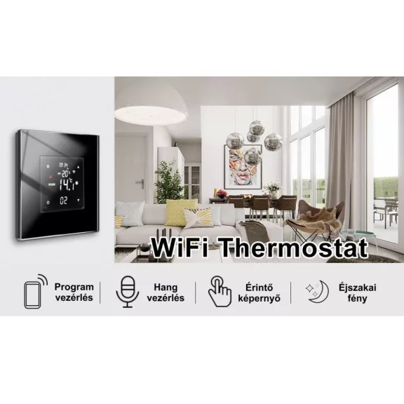 Okos termosztát, WiFi, üveg előlap