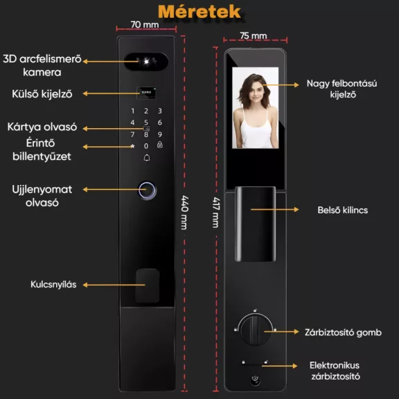 Z6 FEKETE okos kilincs, 3D arcfelismerés